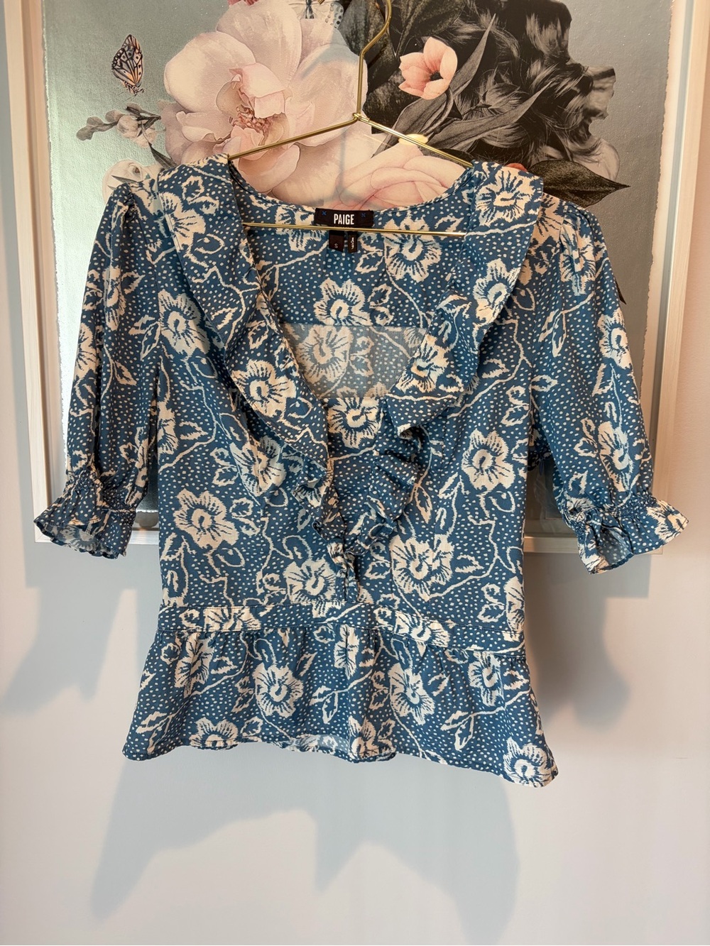 PAIGE Cayenne Blue Floral Ruffle Peplum Blouse Size Small - Picture 2 of 7